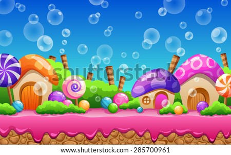 Cartoon fairy tale landscape. Candy land illustration for game design.