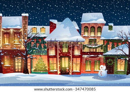 Winter landscape.Christmas background with fairy tale houses. \
Snowy town at holiday eve.Vector illustration.