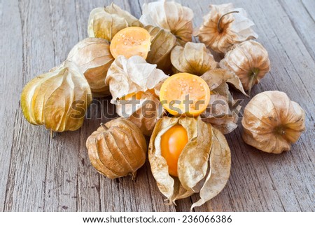 Cape gooseberry (Physalis)on wood table, healthy fruit and vegetable