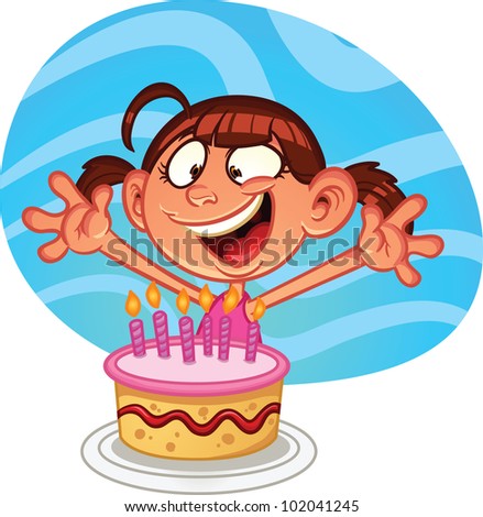 Girls Birthday Cake on Cute Cartoon Birthday Girl With A Cake  Vector Illustration With