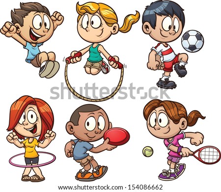 Cartoon Kids Playing. Vector Clip Art Illustration With Simple Gradients. Each On A Separate Layer.