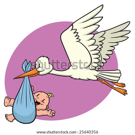 Cute cartoon stork carrying a newborn baby.