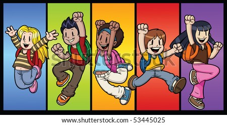 Five cool cartoon kids jumping All characters and background in separate layers for easy editing. Five cool cartoon kids jumping All characters and background in separate layers for easy editing.