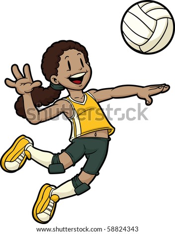 stock vector : Cartoon girl volleyball player jumping. Character and ball on 