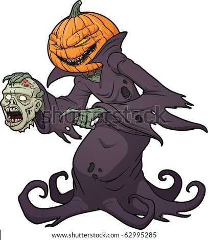stock vector : Scary Halloween pumpkin monster holding a severed zombie head. Vector illustration with simple gradients.