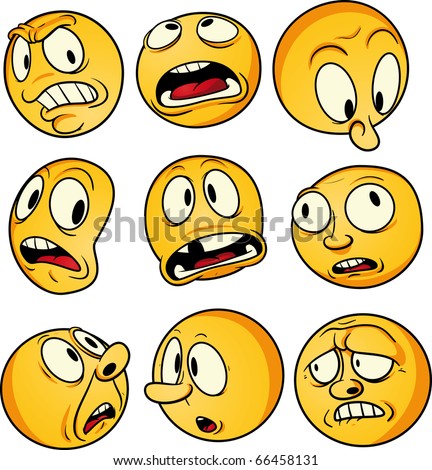 Nine yellow emoticons with worried and scared faces. Vector illustration with simple gradients. All elements on separate layers for easy editing.