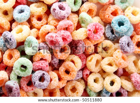 Orange, yellow, blue, and green fruit cereal