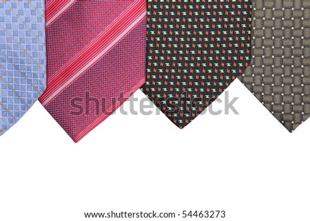 Blue, magenta, brown and black elgance ties on white background. Close up image
