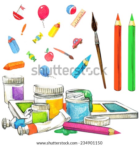 school background. stationery things with pencils, brush and tubes of paint for children. watercolor