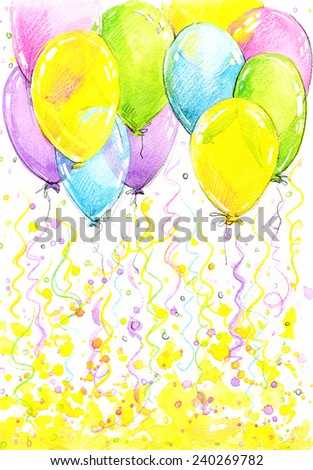 Birthday background with fly colorful balloons with place for text. watercolor
