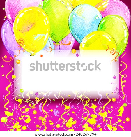 Birthday background with fly colorful balloons with place for text. watercolor