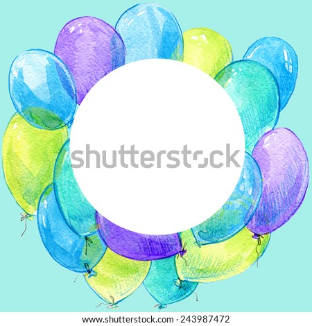 Birthday background with flying colorful balloons with place for text on blue background. watercolor
