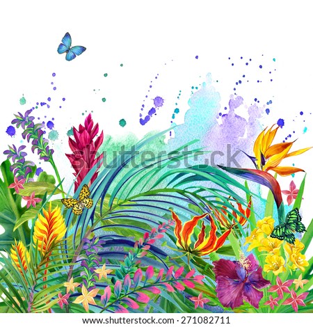 Tropical leaves, flowers and butterfly. watercolor summer floral background
