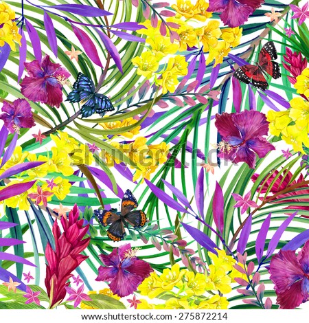 Tropical flowers, leaves and butterfly. watercolor summer floral background