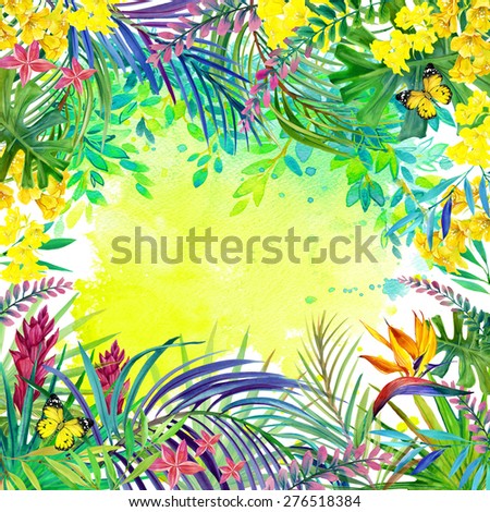 Tropical forest landscape, leaves, flowers and butterfly. watercolor summer floral background