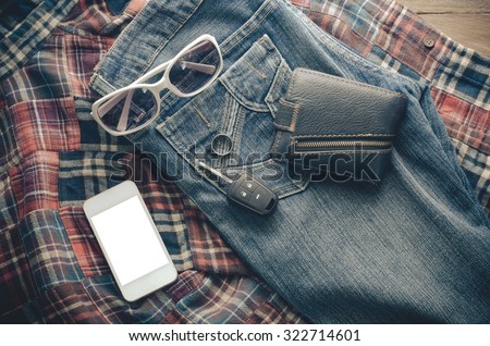 Clothing accessories, glasses, wallet, smart-phone,shirts , jeans, car key