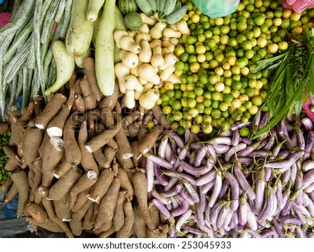 Various kind of fresh green vegetables (Egg plant, Brinjol, limes, cucumber,manioc) at market