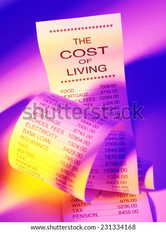 Cost of living shopping list showing the prices of running a home with colored lighting
