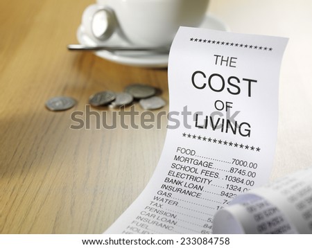 Cost of living expense list showing the prices of running a home on a wooden background with coins and a coffee cup.