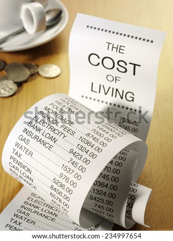 Cost of living shopping list showing the expense of home finance with a coffee cup and American currency on a wooden background