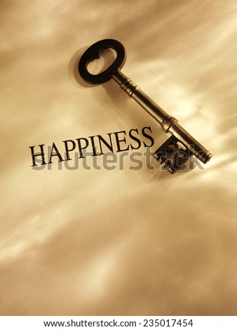 Old church key with the word happiness on a paper background with gold lighting and copy space.