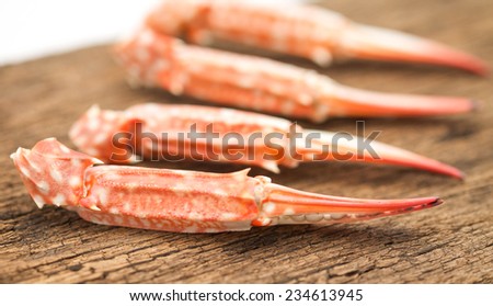 Freshly steamed crab\'s claws on brown texture wood table for seafood background
