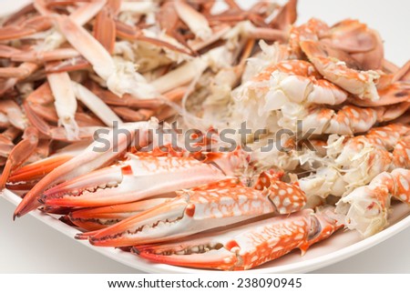 Fresh and delicious steamed crabs legs and claws from marina for food background