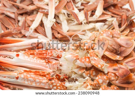 Fresh and delicious steamed crabs legs and claws from marina for food background