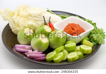 Close up of thai hot and spicy chili sauce with vegetables for local food on white background