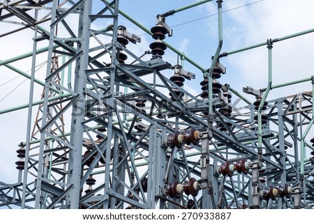 Electric substation tower for generating energy with sky background