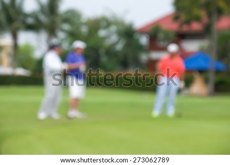 De focused or blurred men talking business during golf game for background