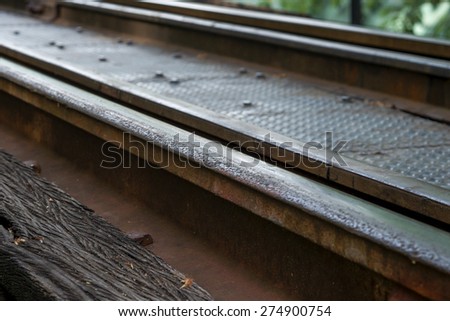 Close up of rail way or rail road track for transportation background