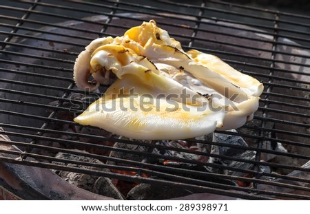 Fresh grilled squid or cuttlefish on metal rack for food background