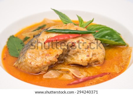 Freshly cooked Thai cuisine, sliced fish with spicy curry hot and spicy taste for local food background