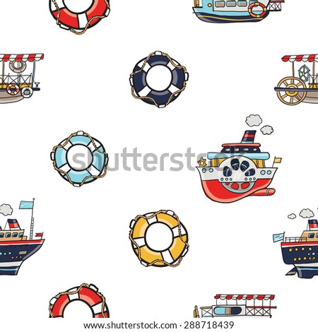 Funny cute hand drawn kids toy water transport for nursery decoration. Baby bright cartoon lifebuoy, lifering, water-tram, water-bus, steamship, cruise vector seamless pattern on white background.