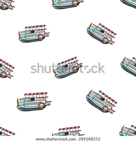 Funny cute hand drawn kids toy water transport for nursery decoration. Baby bright cartoon water-tram vector seamless pattern on white background. Set of isolated elements