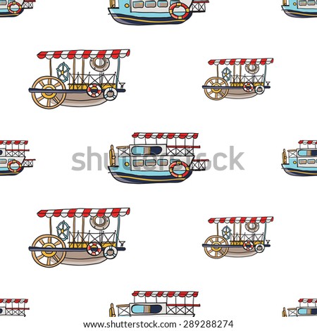 Funny cute hand drawn kids toy water transport for nursery decoration. Baby bright cartoon water-tram and water-bus vector seamless pattern on white background. Set of isolated elements