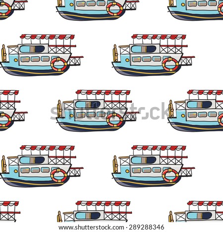 Funny cute hand drawn kids toy water transport for nursery decoration. Baby bright cartoon water-tram vector seamless pattern on white background. Set of isolated elements