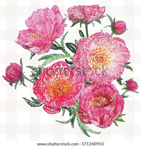 Vector imitation flower embroidery. Vintage hand stitching embroidery bouquet of flowers pink peonies on white background. Beautiful embroidery floral seamless pattern and isolated decorative element
