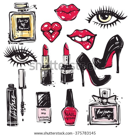Big vector fashion sketch set. Hand drawn graphic lips, eye, heels, perfume, mascara, lipstick, nail polish. Contrasty glamour fashion inky sketch in vogue style. Isolated elements on white background