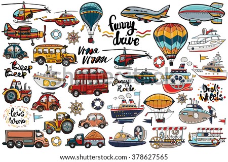 Funny cute hand drawn kids toy transport. Baby bright cartoon air transport, water transport and road transport child items vector on light background. Set of isolated elements.