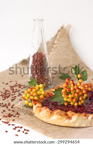 Cherry cake on the napkin with hawthorn berries and a glass bottle filled with brown apple seeds on the background