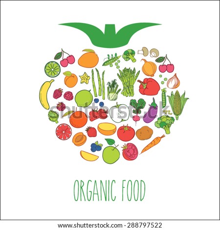 Shape with organic food: vegetables and fruits. Vegetables and fruits vector illustration