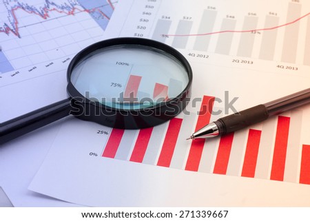Graphs, magnifier and pen. Analysis charts and graphs of sales.
