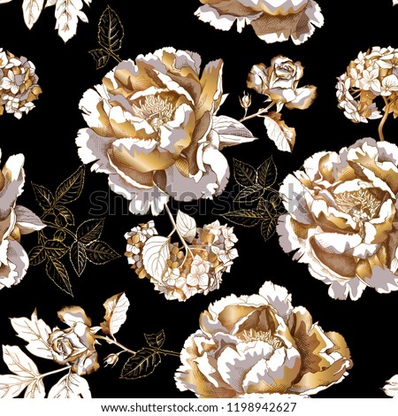 Seamless floral pattern. Gold Peony, Hydrangea, Rose flowers and leaves on a black background. Textile composition, hand drawn style print. Vector illustration.