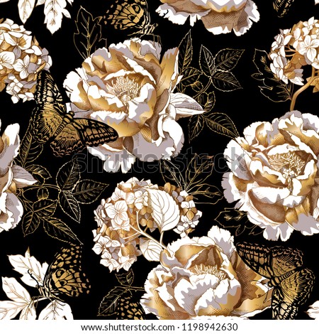 Seamless floral pattern. Gold Peony, Hydrangea flowers, Rose leaves and Exotic butterflies on a black background. Textile composition, hand drawn style print. Vector illustration.