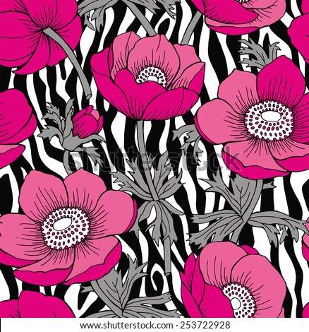 Seamless Pattern Zebra with Flowers Pink