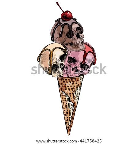 Ice Cream cone with a Skulls and cherry. Vector illustration.
