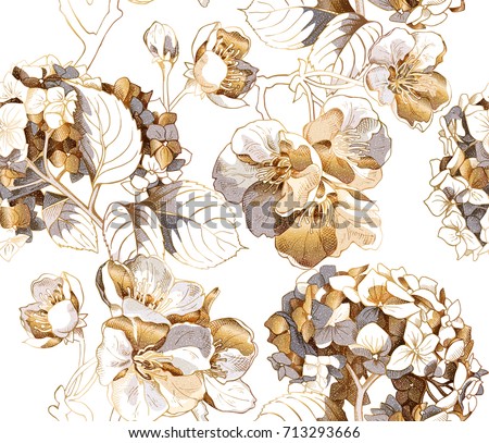 Seamless pattern with a gold Hydrangea and Cherry flowers. Vector illustration.