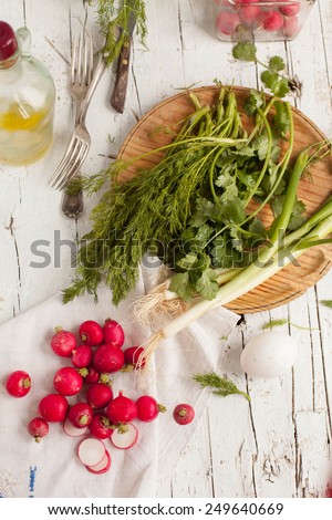 Salad ingredients of fresh bunch Green onion, radish, fennel and dill onto a white old wooden table.  Natural food of garden. Concept image for healthy or vegetarian cooking.